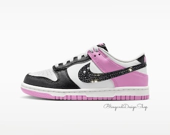 Bling Dunk Low Girls Sneaker Shoes Pink Black Customized with Crystals, Customized Girls Tennis Shoes