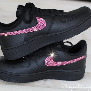 Bling Air Force 1 07 Womens Black Sneakers Shoes Customized with Fuchsia Pink Swarovski Crystals
