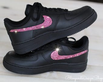 Bling Air Force 1 07 Womens Black Sneakers Shoes Customized with Fuchsia Pink Swarovski Crystals