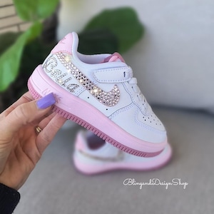 Personalized Name Bling Girls Shoes Air Force 1 Low Easy On Pink White Sneakers Customized with Crystals, Toddler Bling Shoes