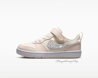 Bling Girls Court Borough Low Off White Sneakers Customized with Clear Crystals, Bling Toddler Shoes, Youth Sneakers