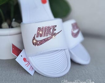 Bling Womens Victori One White Slides Sandals Customized with Pink Swarovski Crystals