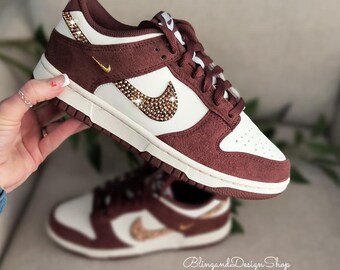 Bling Swarovski Womens Dunk Low Suede Brown Sneakers Shoes Customized with Rose Gold Crystals Gym Athletic Wear