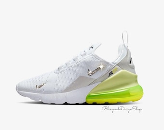 Swarovski Girls Air Max 270 Sneakers White Vibrant Yellow Youth Shoes Customized with Clear Crystals, Bling Athletic Sneakers