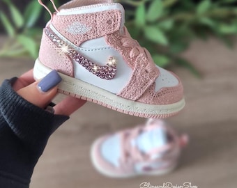 Bling Jordan 1 Mid Little Kids Toddler Girls Shoes Sneakers Customized with Pink Purple Swarovski Crystals