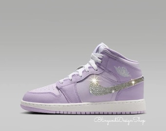 Bling Purple Jordan 1 Mid Little Kids Girls Shoes Sneakers Customized with Clear Swarovski Crystals, Casual Shoes