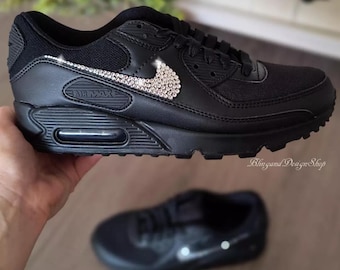 Bling Womens Air Max 90 Black Sneakers Shoes Customized with Crystals