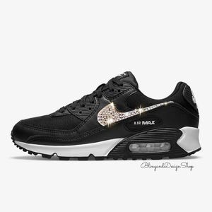 Women&#39;s Air Max 90 Black White Sneakers Shoes Customized with Crystal Rhinestones, Bling Sneakers