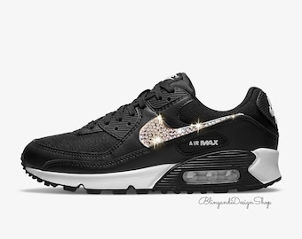 Women's Air Max 90 Black White Sneakers Shoes Customized with Crystal Rhinestones, Bling Sneakers