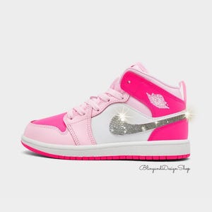 Bling Pink Jordan Retro 1 Mid Little Kids Girls Shoes Sneakers Customized with Clear Swarovski Crystals, Casual Shoes