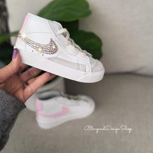Bling Girls Toddler Mid 77 Pink White Sneakers Customized with Crystals