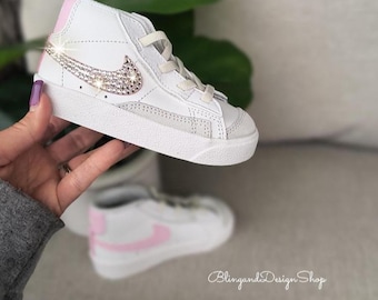 Zapatillas deportivas Bling Girls Toddler Mid 77 rosas y blancas personalizadas con cristales
