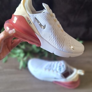 Bling Women&#39;s Air Max 270 Pale Peach Sneakers Customized with Crystals Custom Bling Athletic Running Shoes