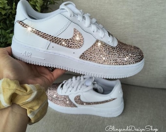 Swarovski Bling Air Force 1 07 Womens White Sneakers Shoes Customized with Pink Crystals