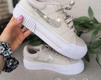 Bling Swarovski Women's Court Legacy Lift Brown Sneakers Shoes Customized with Clear Crystals