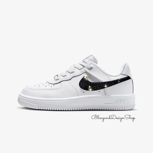Bling Girls Shoes Air Force 1 Low Easy On White Sneakers Customized with Black Swarovski Crystals, Toddler Bling Shoes