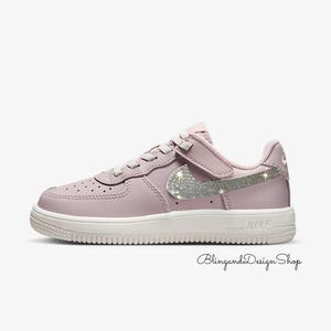 Bling Force 1 Low Easy On Girls Pink Sneakers Shoes Customized with Clear Crystals, Bedazzled Kid Shoes
