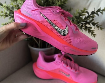 Bling Womens Pegasus 41 Hyper Pink Sneakers Customized with Crystals, Rhinestone Running Shoes