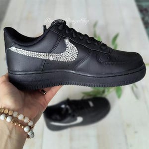 Bling Womens Air Force 1 07 Black Sneakers Shoes Customized with Clear Crystals