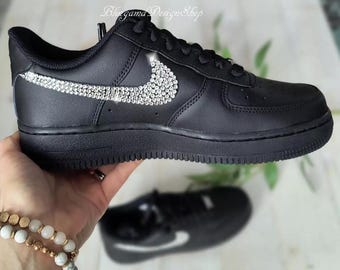Bling Womens Air Force 1 07 Black Sneakers Shoes Customized with Clear Crystals