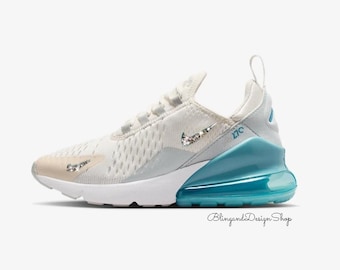 Zapatillas Air Max 270 Bling en blanco y verde azulado para niñas, personalizadas con cristales Swarovski transparentes. Zapatillas Bling.