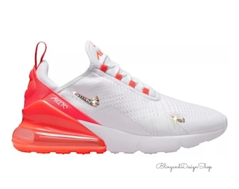 Bling Womens Air Max 270 Sneakers White Orange Shoes Customized with Crystals, Bling Sneakers