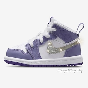 Bling Jordan 1 Mid Little Kids Toddler Girls Purple Shoes Sneakers Customized with Clear Swarovski Crystals, Baby Sneakers