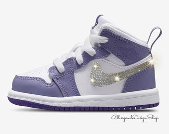 Bling Jordan 1 Mid Little Kids Toddler Girls Purple Shoes Sneakers Customized with Clear Swarovski Crystals, Baby Sneakers