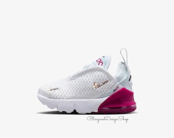 Bling Air Max 270 White Pink Sneakers Toddler Baby Girl Shoes Customized with Clear Swarovski Crystals