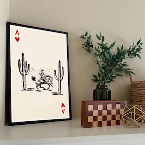 Cowboy Ace of Hearts Digital Wall Art – Western Playing Card Print, Desert Cactus Illustration, Rustic Country Decor