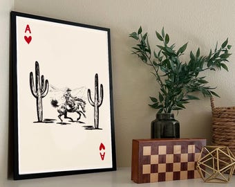 Cowboy Ace of Hearts Digital Wall Art – Western Playing Card Print, Desert Cactus Illustration, Rustic Country Decor