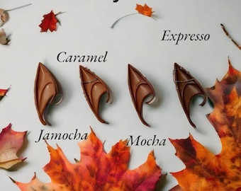 May include: Four pairs of brown elf ears in shades of Caramel, Jamocha, Mocha, and Expresso. The text "Choose your Shade" is at the top. Autumn leaves are scattered around the ears.