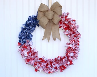 Handmade Patriotic Rag Wreath: Red, White & Blue Burlap Bow Door Decor