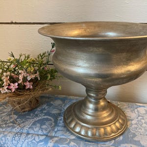 Pewter Silver Finish Pedestal Compote Vase, Vintage-Inspired Floral Container, 8.75 in. Metal Container