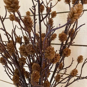 May include: A decorative branch arrangement featuring numerous small, light brown pinecones attached to thin, dark brown twigs. The cluster of branches creates a dense, textured display of natural-looking botanical elements with varied cone sizes.