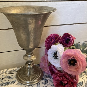 Pewter Silver Footed Compote Vase, Vintage Inspired Floral Container, 12.125 in. Metal Container