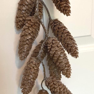 May include: A decorative branch featuring multiple brown pinecones with a light dusting of white artificial snow. The pinecones are attached to a central brown stem, creating a hanging cluster arrangement with varied sizes and textures.