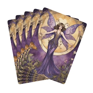 Cartas de póker de fantasía, juego de cartas con temática de hadas art déco, regalo para jugadores, diseño elegante, baraja coleccionable, estilo art nouveau.