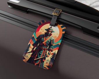 Samurai Warrior Illustration Luggage Tag | Retro Neon Japan