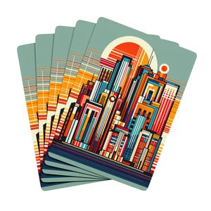 Naipes de póker, paisaje urbano con diseño art déco vintage, juegos de cartas únicos, noche de juegos, regalos para jugadores de cartas