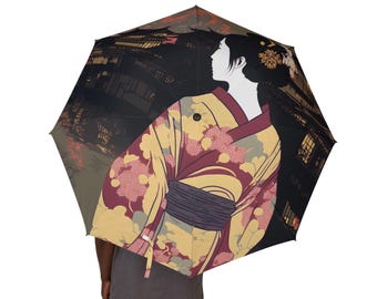 Kimono Geisha Illustration Umbrella | Night City Floral Pattern