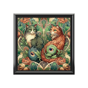 Cat Jewelry Box, Art Nouveau Floral Design, Wooden Organizer, Gift for Cat Lovers, Vintage Style Storage Box