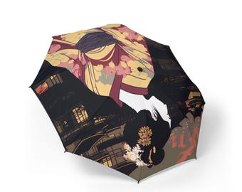 Kimono Geisha Illustration Umbrella | Night City Floral Pattern