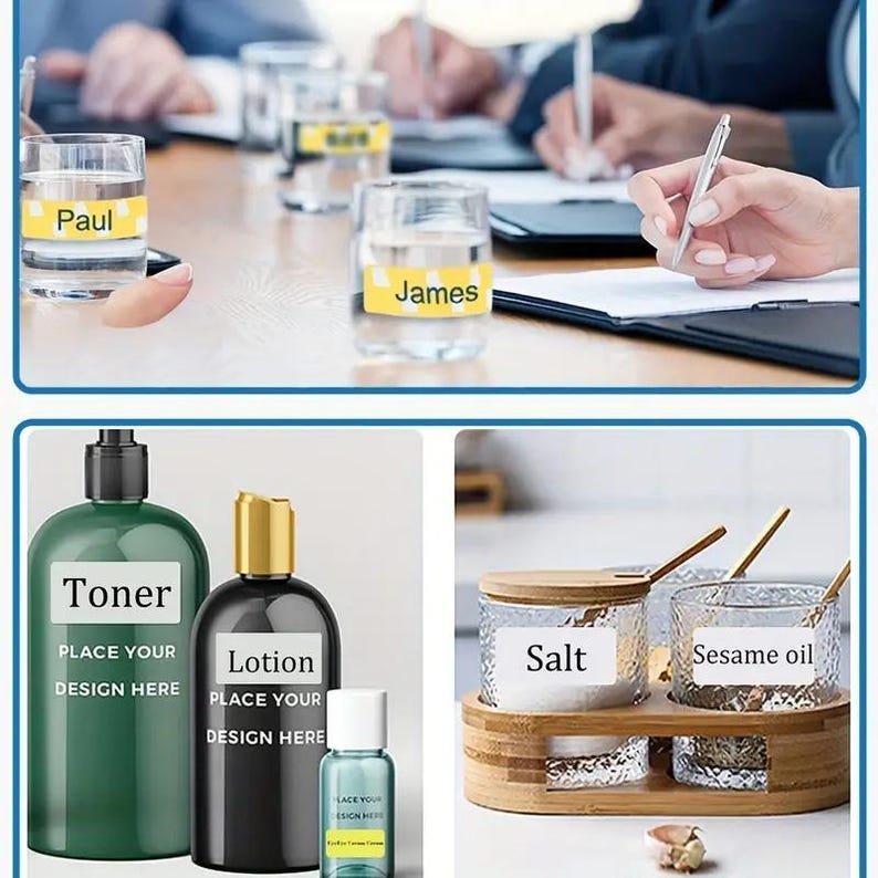 Op de afbeelding: Een set van vier glazen flessen met gele etiketten. De etiketten hebben de woorden "Paul", "James", "Toner" en "Lotion" erop gedrukt. De flessen staan op een tafel met een houten oppervlak. De flessen zijn leeg en klaar om te worden gelabeld.