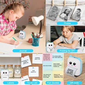 Op de afbeelding: Een blauwe en witte draagbare fotoprinter met een cartoon-kattenontwerp. De printer print een label met een QR-code. De afbeelding toont ook voorbeelden van hoe de printer kan worden gebruikt voor journalen, etiketten, het maken van to-do-lijsten en het afdrukken van leuke citaten.