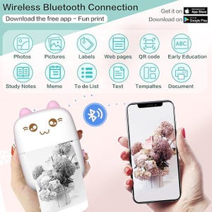 Op de afbeelding: Een witte draagbare fotoprinter met een cartoon-kattengezichtontwerp. De printer is via Bluetooth verbonden met een smartphone. Het telefoonscherm toont een foto van bloemen. De printer wordt geadverteerd als zijnde in staat om foto's, afbeeldingen, labels, webpagina's, QR-codes, materiaal voor vroege educatie, studie-aantekeningen, memo's, takenlijsten, tekst, sjablonen en documenten te printen.