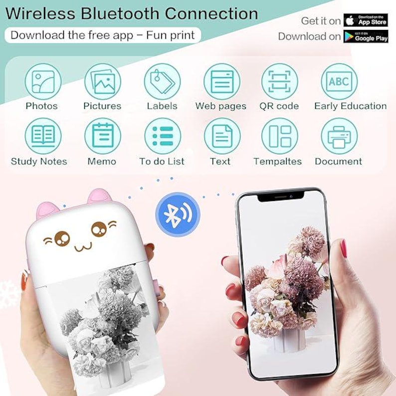 Op de afbeelding: Een witte draagbare fotoprinter met een cartoon-kattengezichtontwerp. De printer is via Bluetooth verbonden met een smartphone. Het telefoonscherm toont een foto van bloemen. De printer wordt geadverteerd als zijnde in staat om foto's, afbeeldingen, labels, webpagina's, QR-codes, materiaal voor vroege educatie, studie-aantekeningen, memo's, takenlijsten, tekst, sjablonen en documenten te printen.