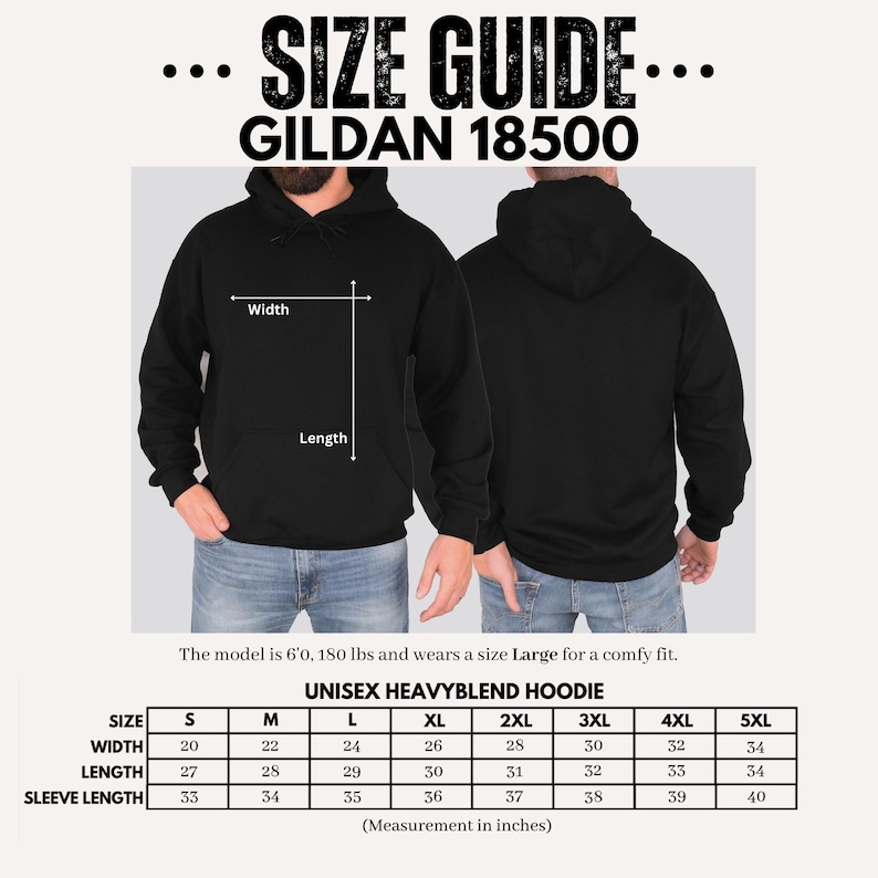 Puede incluir: Tabla de tallas para una sudadera con capucha unisex Gildan 18500 de mezcla pesada. La tabla muestra las medidas en pulgadas para el ancho, la longitud y la longitud de la manga para las tallas S a 5XL.