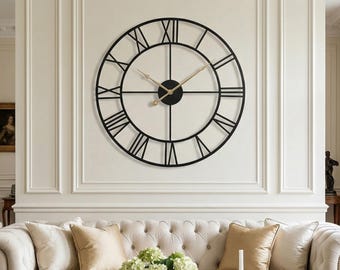 Black Metal Roman Numeral Wall Clock, Silent Geometric Modern Design