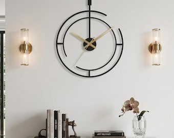 Modern Geometric Metal Wall Clock, Black Abstract Art, Gold Hands